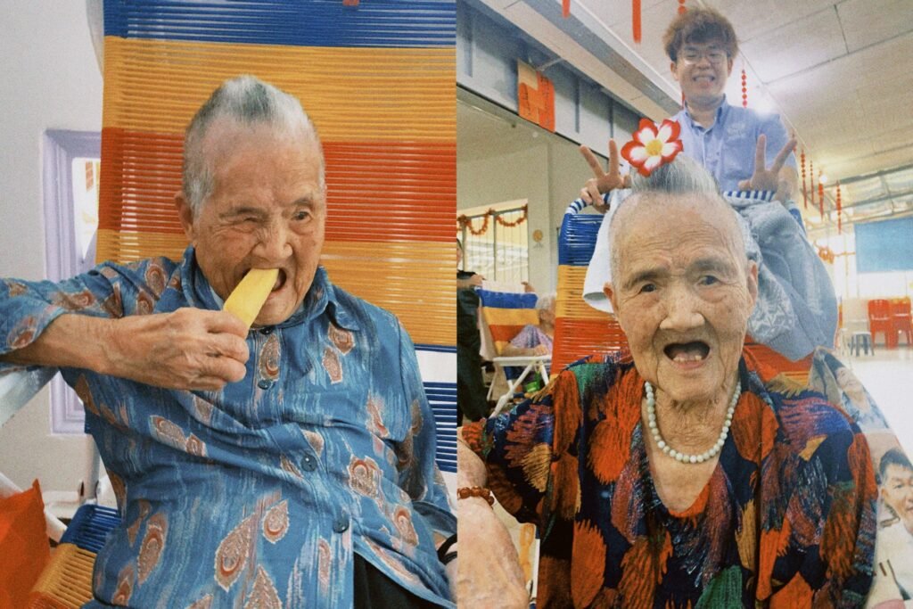 Two joyful moments of the same elderly woman: in one, she enjoys a sweet mango ice stick; in the other, she wears a real flower in her hair with a big smile. A lifelong bonsai and flower enthusiast, she continues to bloom with happiness at Yong An.