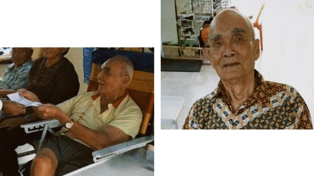 Two images of the founder’s father: one receiving packet during a celebration, and another portrait showing his warm smile — honoring the inspiration behind Yong An’s founding.
