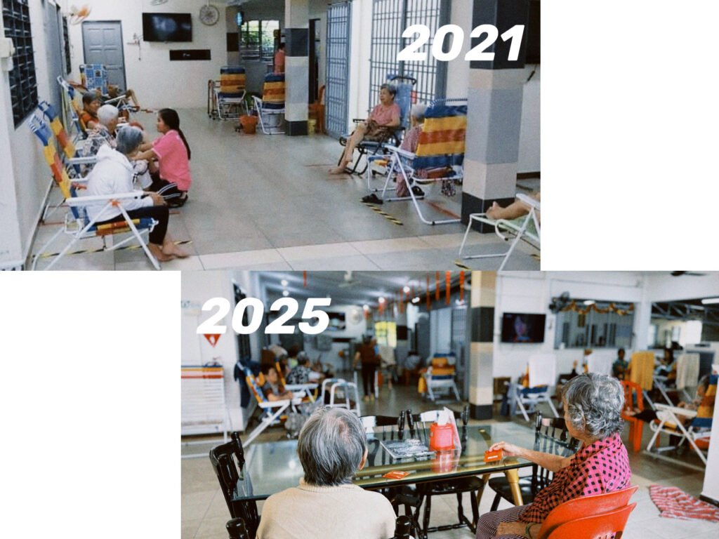 Before-and-after shots of the indoor communal space at Yong An, highlighting its evolution into a cleaner, brighter, and more spacious environment for elderly residents.