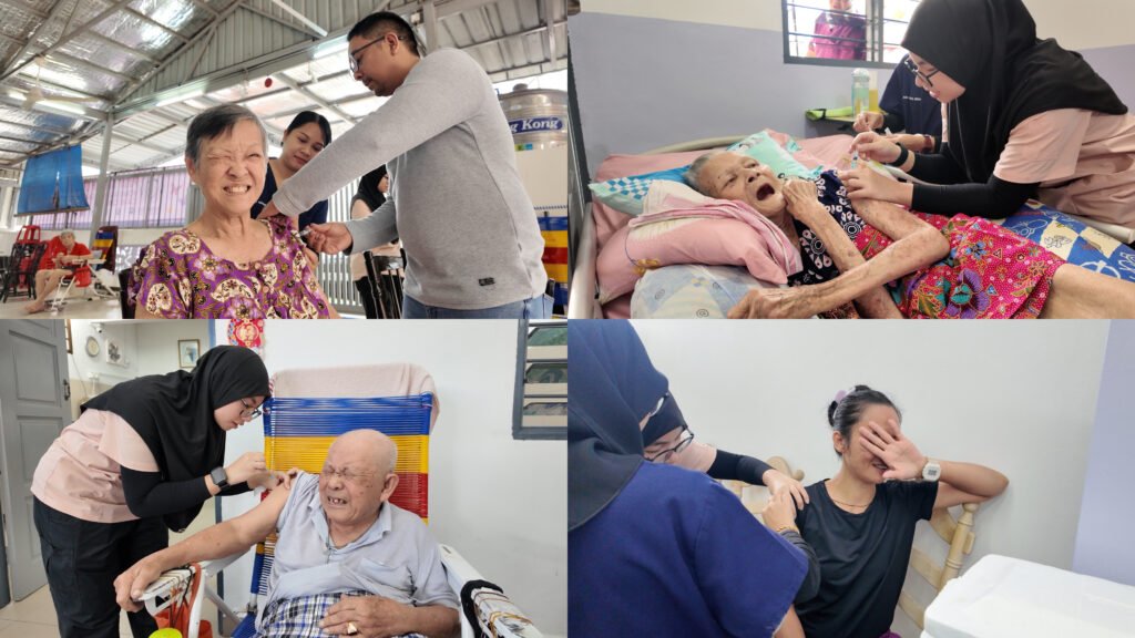 荣安养老院为乌鲁地南长者安排流感预防针接种服务，由Klinik Johor Ulu Tiram的医生护士们到访协助每位老人安心完成注射。